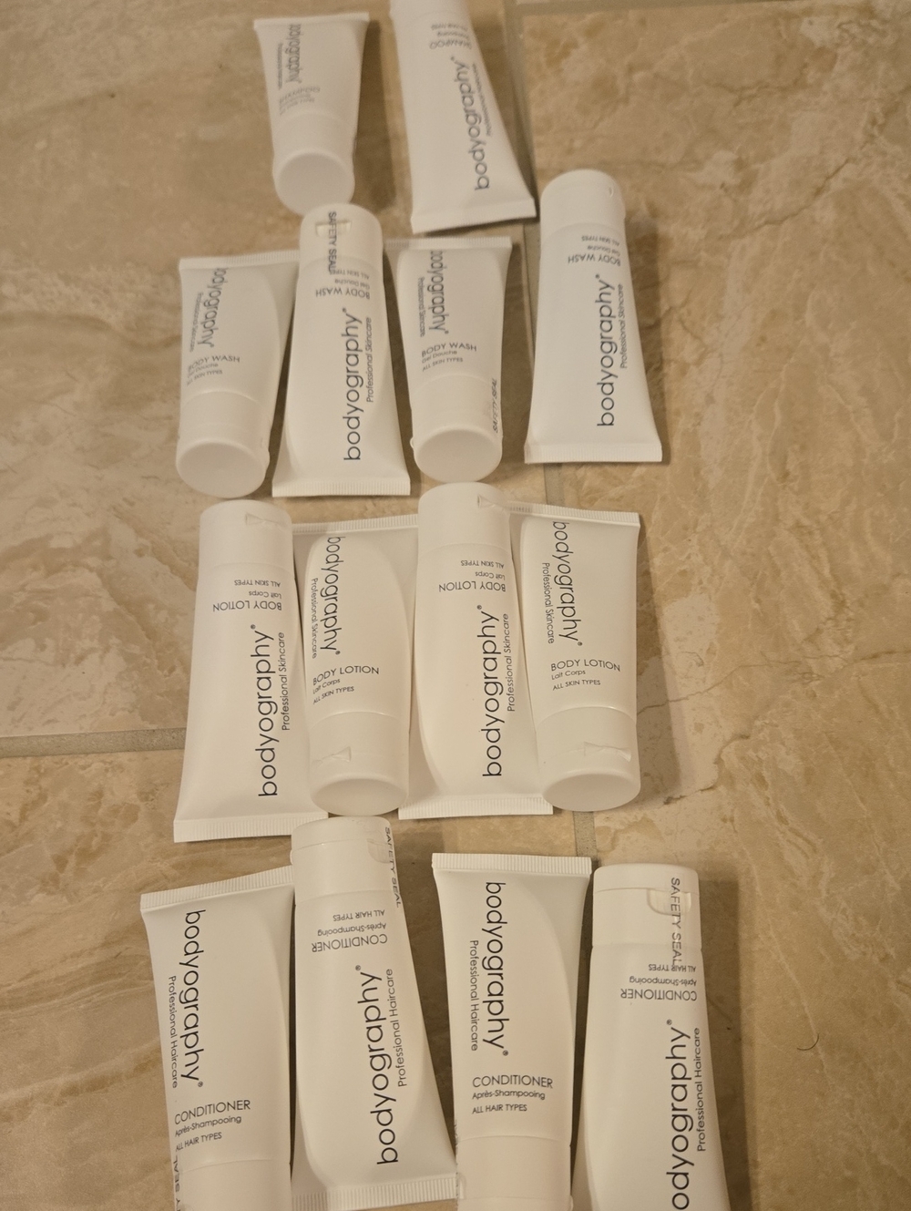 UNISEX Bodyography Travel Size Body Wash, Shampoo, Conditioner & Lotion 1.4 oz